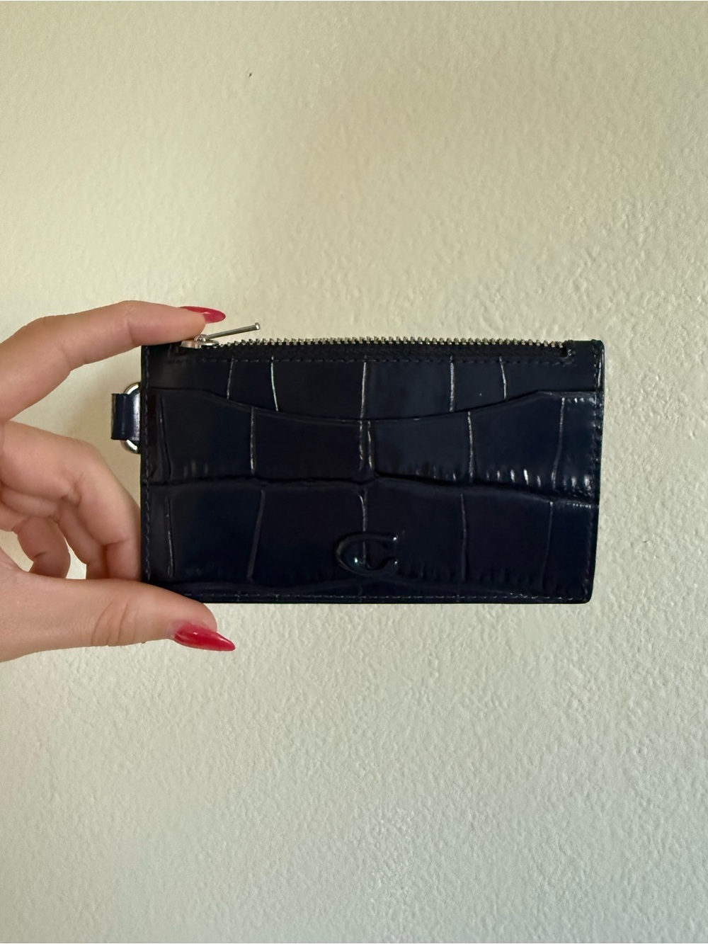 Coach Navy Croc-Embossed Leather Card Case with Zip
